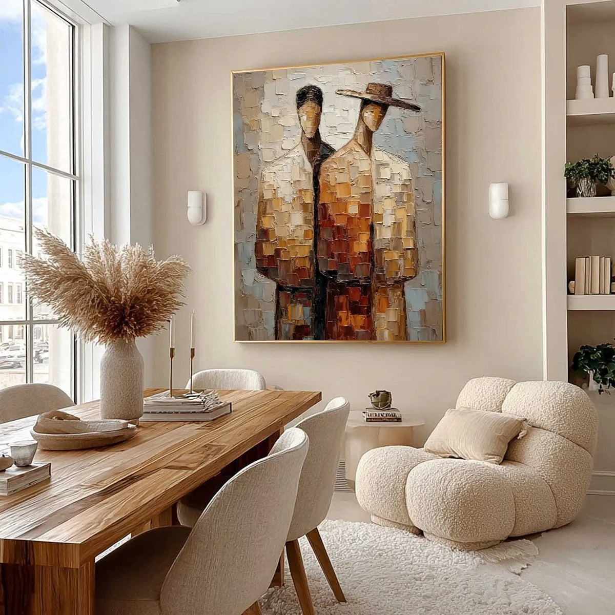 THE COMPANIONS: Textured Impasto Abstract Figurative Couple Painting | Figurative mood, soft natural light studio shot
