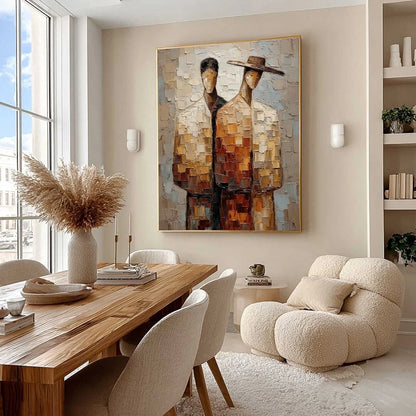 THE COMPANIONS: Textured Impasto Abstract Figurative Couple Painting | Figurative mood, soft natural light studio shot