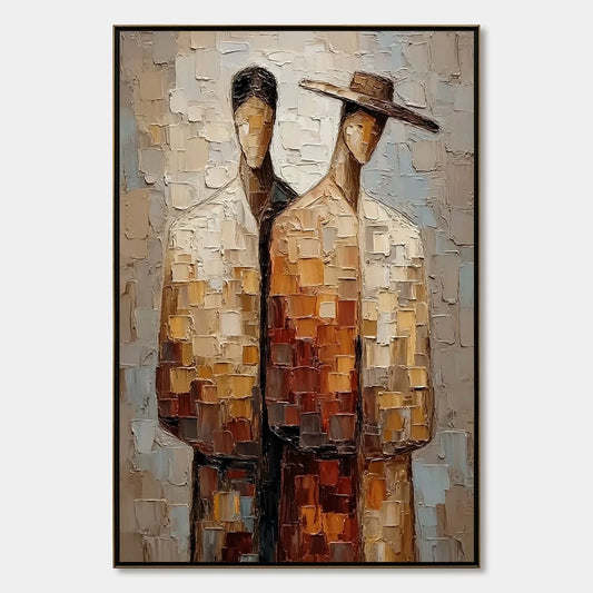 THE COMPANIONS: Textured Impasto Abstract Figurative Couple Painting | hanging in living room, Figurative wall art