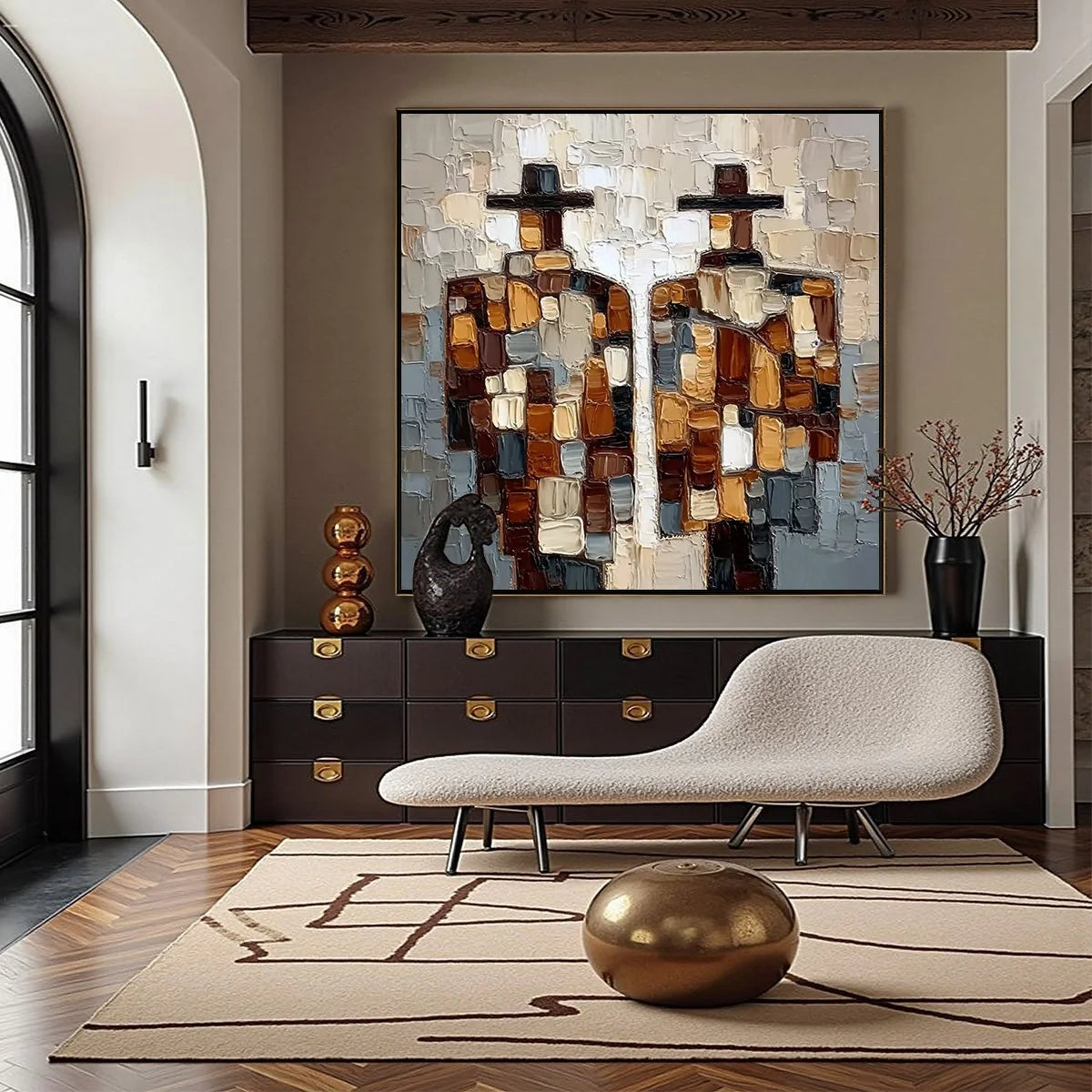 THE COMPANIONS: Textured Impasto Abstract Figures Painting | gold frame stretched on neutral wall
