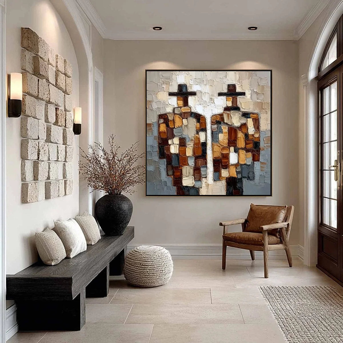 THE COMPANIONS: Textured Impasto Abstract Figures Painting | black frame version on white wall