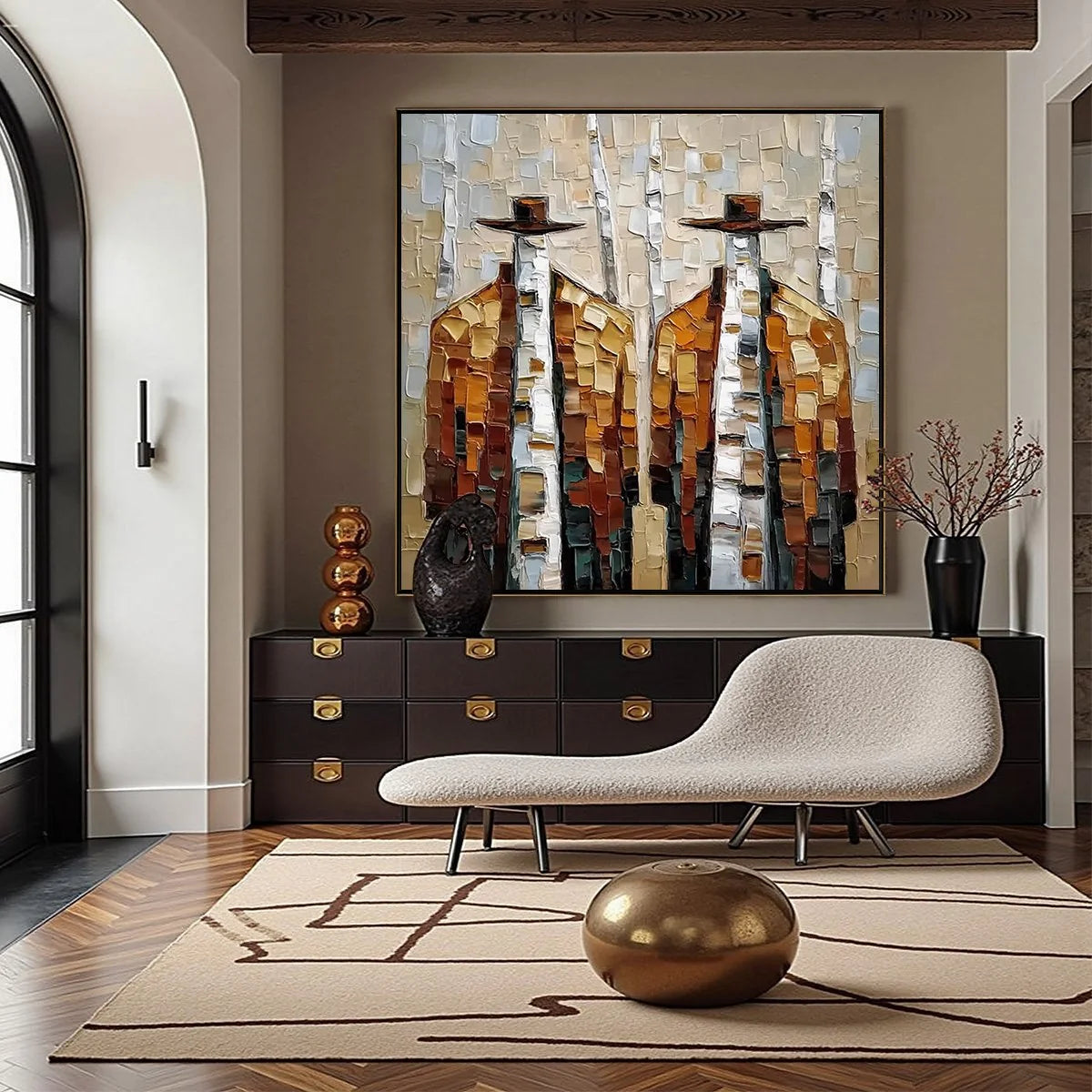 THE COMPANIONS: Textured Impasto Painting of Two Figures in a Forest | gold frame stretched on neutral wall