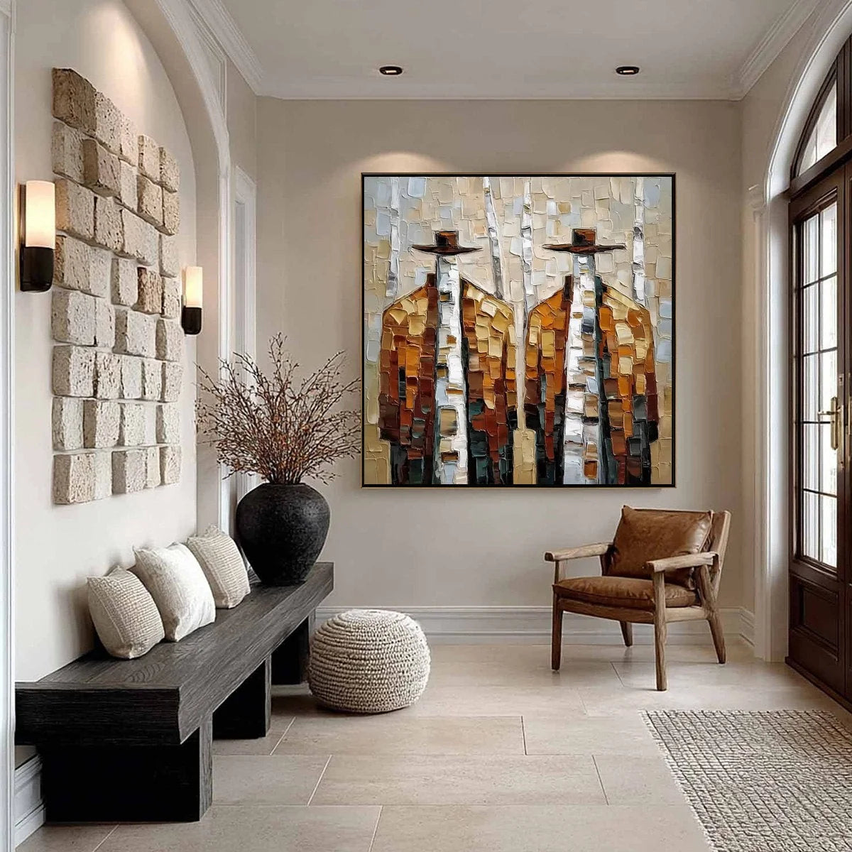 THE COMPANIONS: Textured Impasto Painting of Two Figures in a Forest | black frame version on white wall