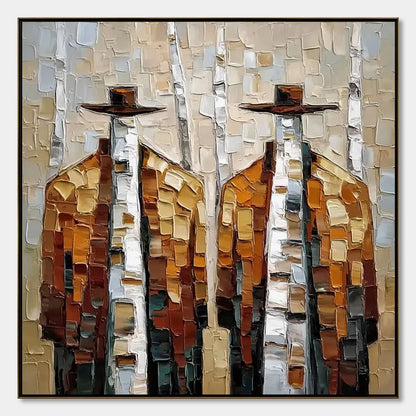 THE COMPANIONS: Textured Impasto Painting of Two Figures in a Forest | hanging in living room, Figurative wall art