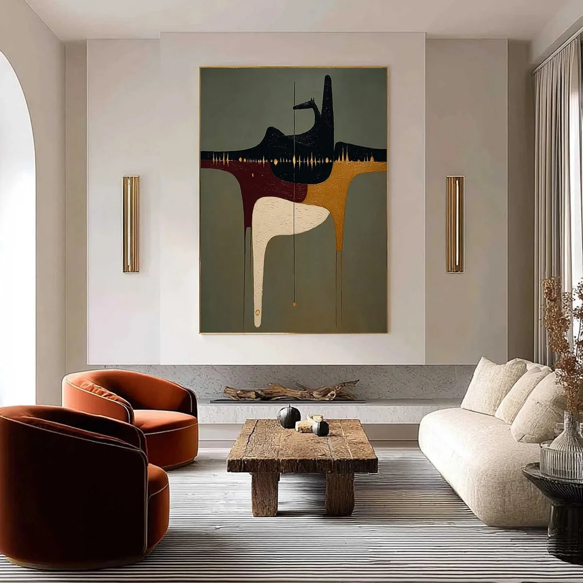 THE CONDUIT: Textured Minimalist Abstract Painting with Gold Accents | gold frame stretched on neutral wall