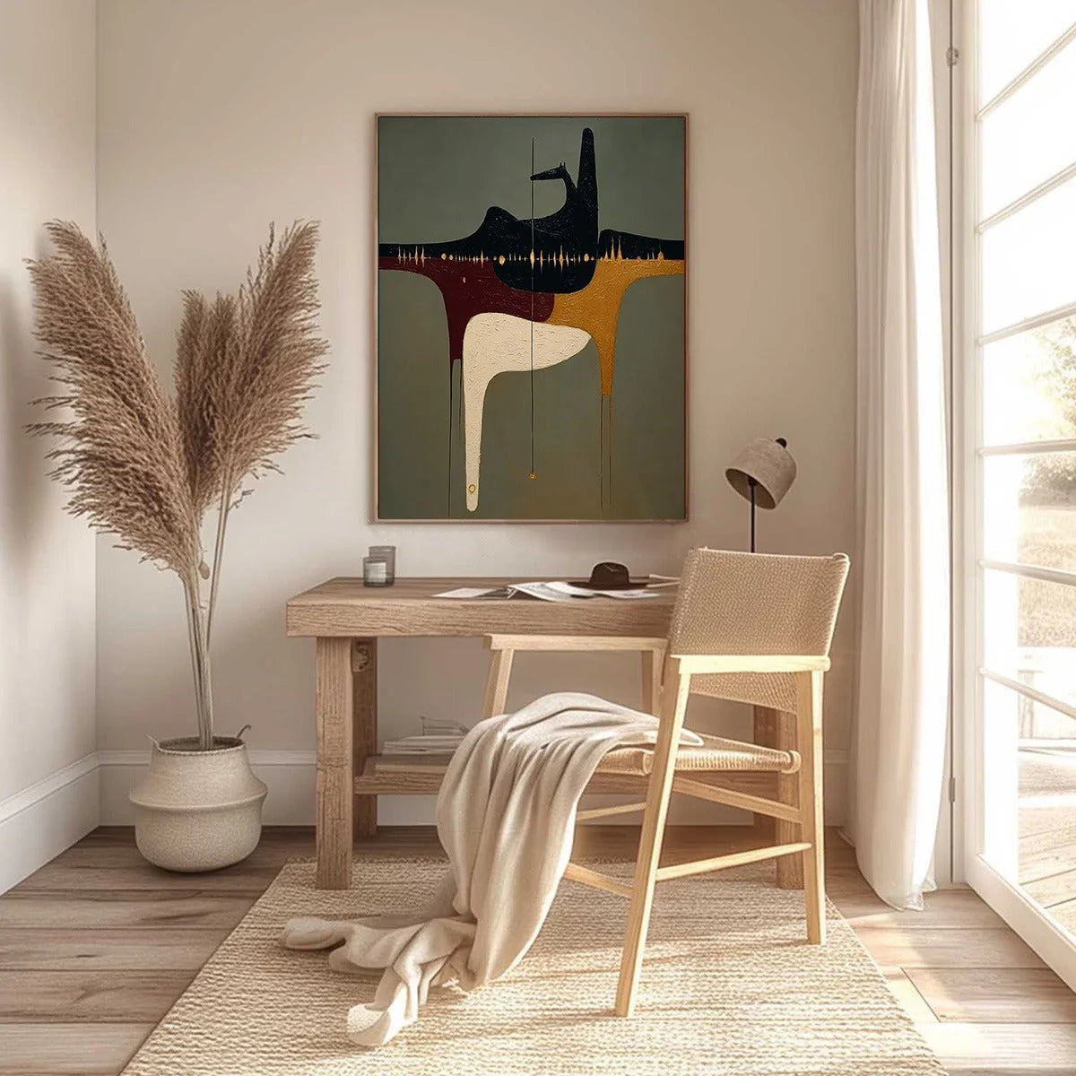 THE CONDUIT: Textured Minimalist Abstract Painting with Gold Accents | black frame version on white wall