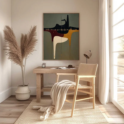 THE CONDUIT: Textured Minimalist Abstract Painting with Gold Accents | black frame version on white wall