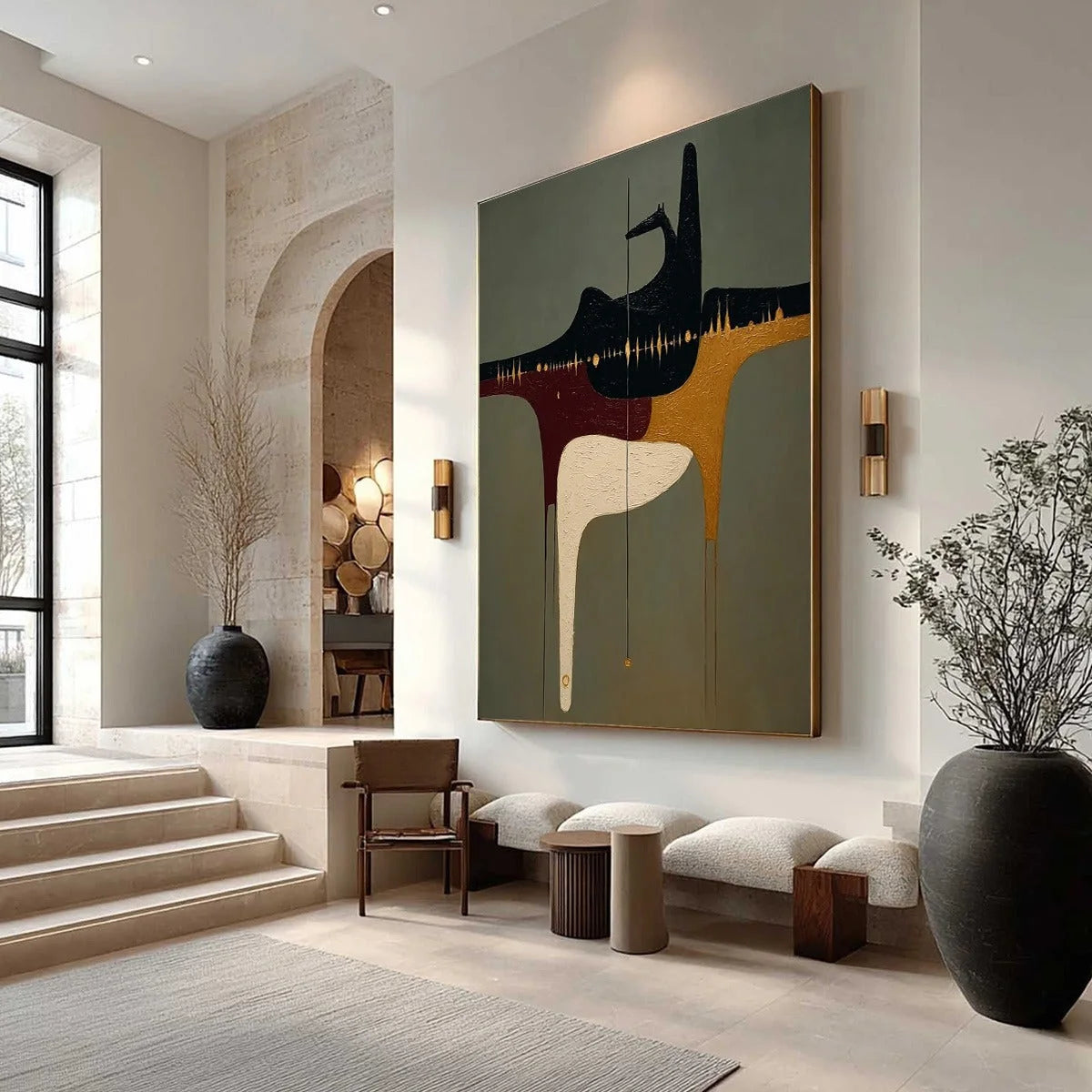THE CONDUIT: Textured Minimalist Abstract Painting with Gold Accents | Minimalist mood, soft natural light studio shot