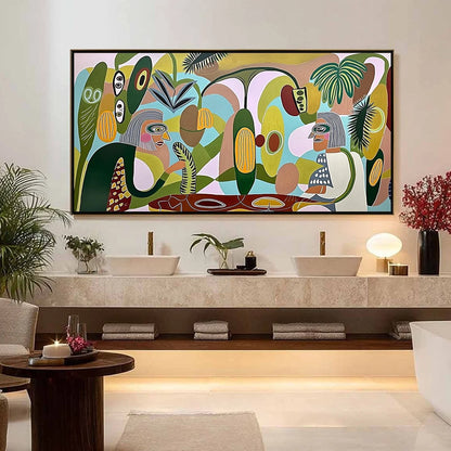THE CONVERSATIONALISTS: Large Horizontal Boho Abstract Figurative Painting | Figurative closeup, raised brushwork detail