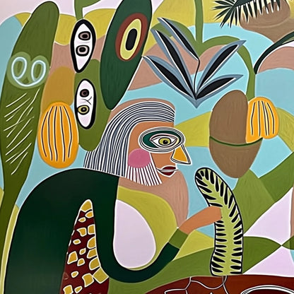 THE CONVERSATIONALISTS: Large Horizontal Boho Abstract Figurative Painting | rectangular format, hand-painted canvas edge