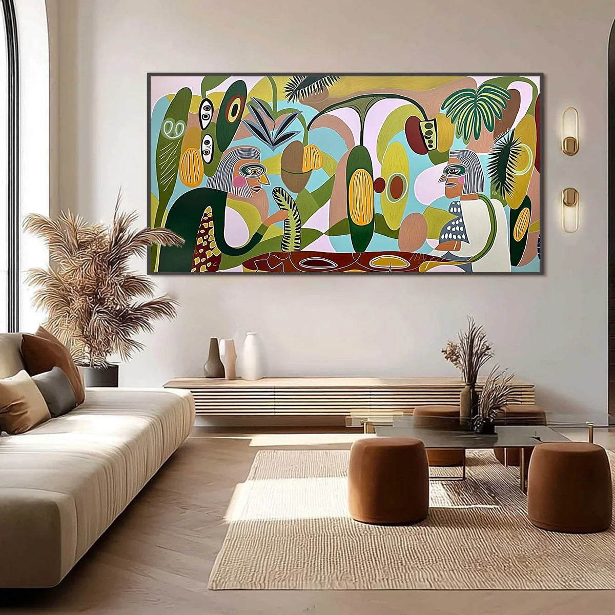 THE CONVERSATIONALISTS: Large Horizontal Boho Abstract Figurative Painting | gold frame stretched on neutral wall