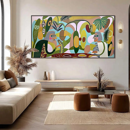 THE CONVERSATIONALISTS: Large Horizontal Boho Abstract Figurative Painting | gold frame stretched on neutral wall