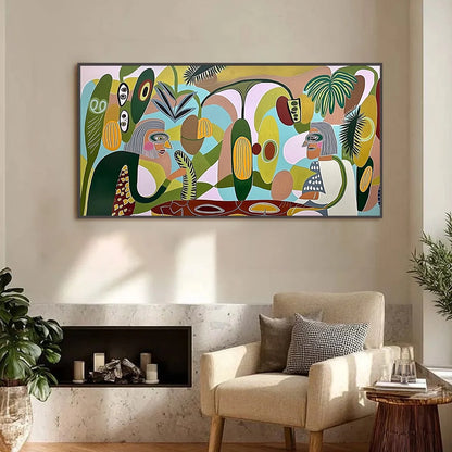 THE CONVERSATIONALISTS: Large Horizontal Boho Abstract Figurative Painting | black frame version on white wall