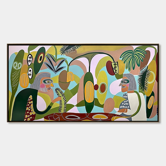 THE CONVERSATIONALISTS: Large Horizontal Boho Abstract Figurative Painting | hanging in living room, Figurative wall art