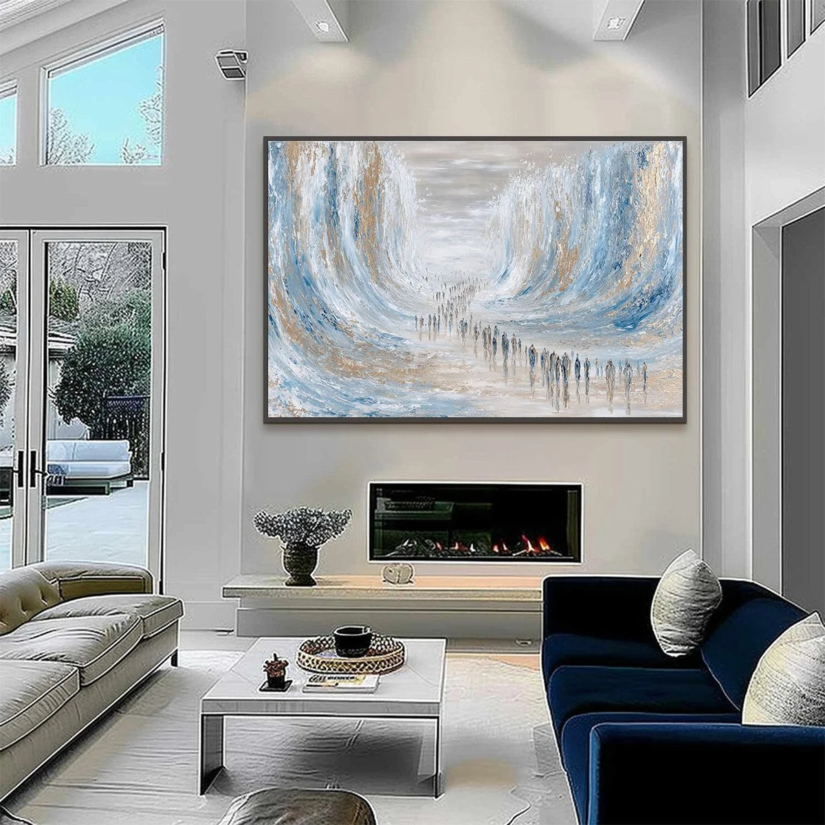THE CROSSING: Large Textured Abstract Painting of a Human Journey | gold frame stretched on neutral wall