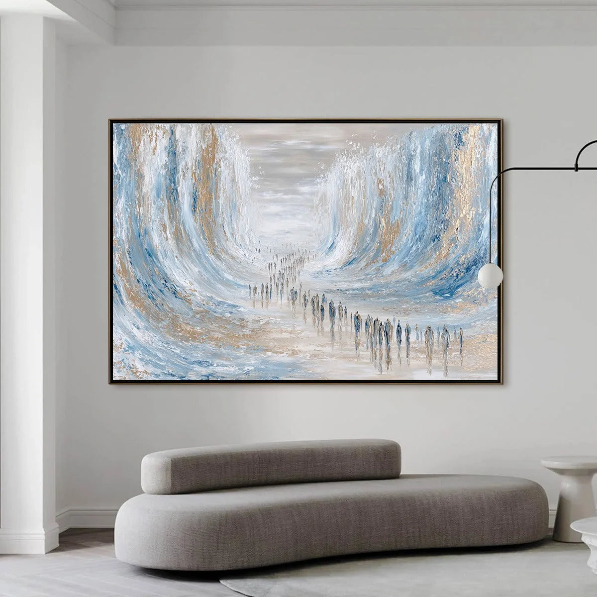 THE CROSSING: Large Textured Abstract Painting of a Human Journey | black frame version on white wall