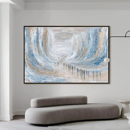 THE CROSSING: Large Textured Abstract Painting of a Human Journey | black frame version on white wall
