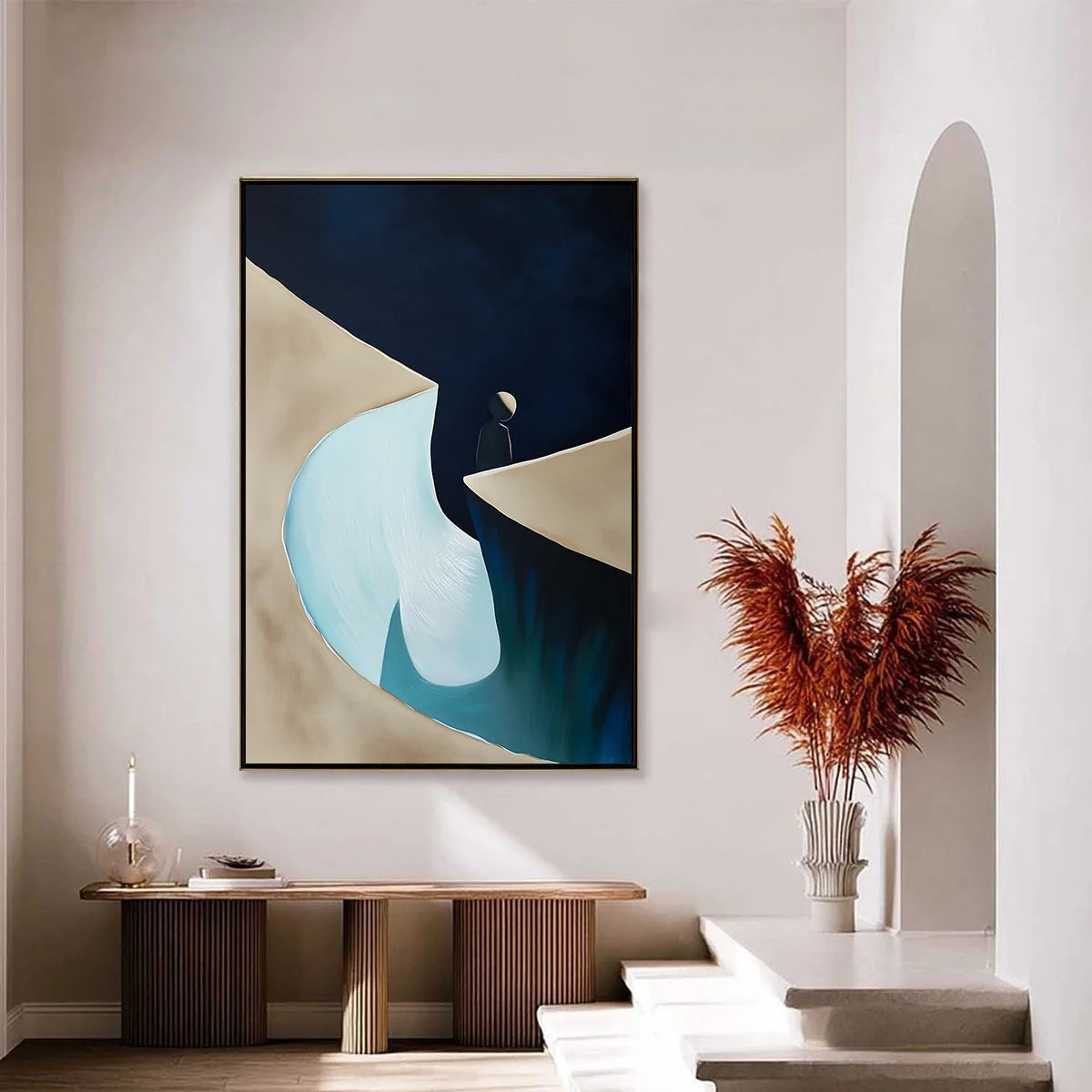 THE CROSSING: Minimalist Abstract Painting of a Figure's Journey | gold frame stretched on neutral wall