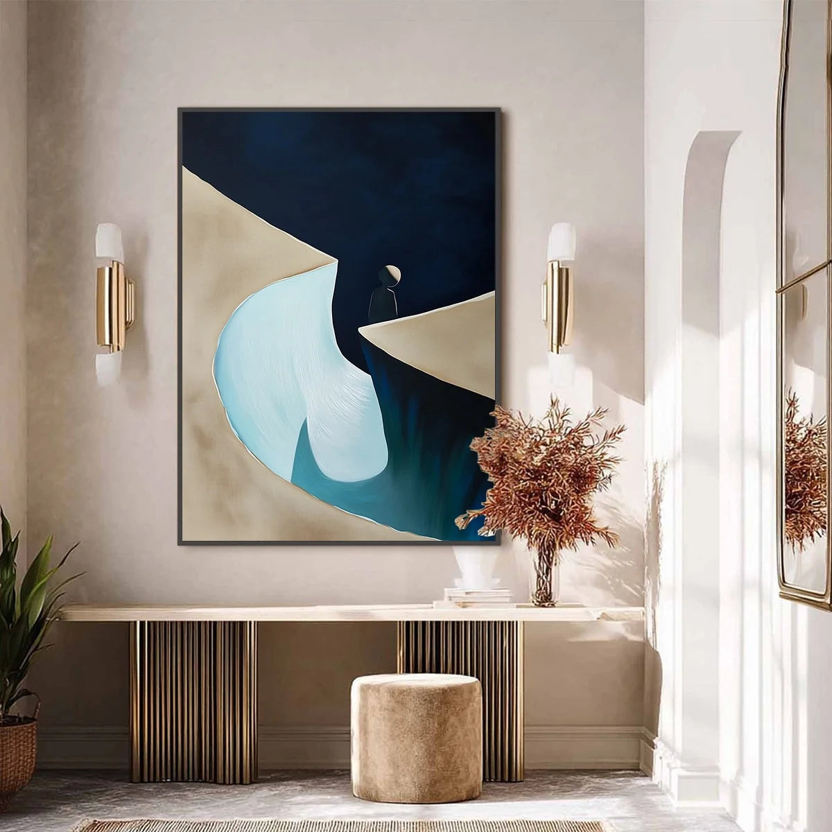 THE CROSSING: Minimalist Abstract Painting of a Figure's Journey | black frame version on white wall