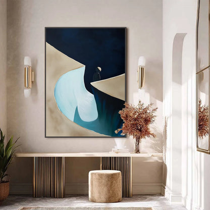 THE CROSSING: Minimalist Abstract Painting of a Figure's Journey | black frame version on white wall