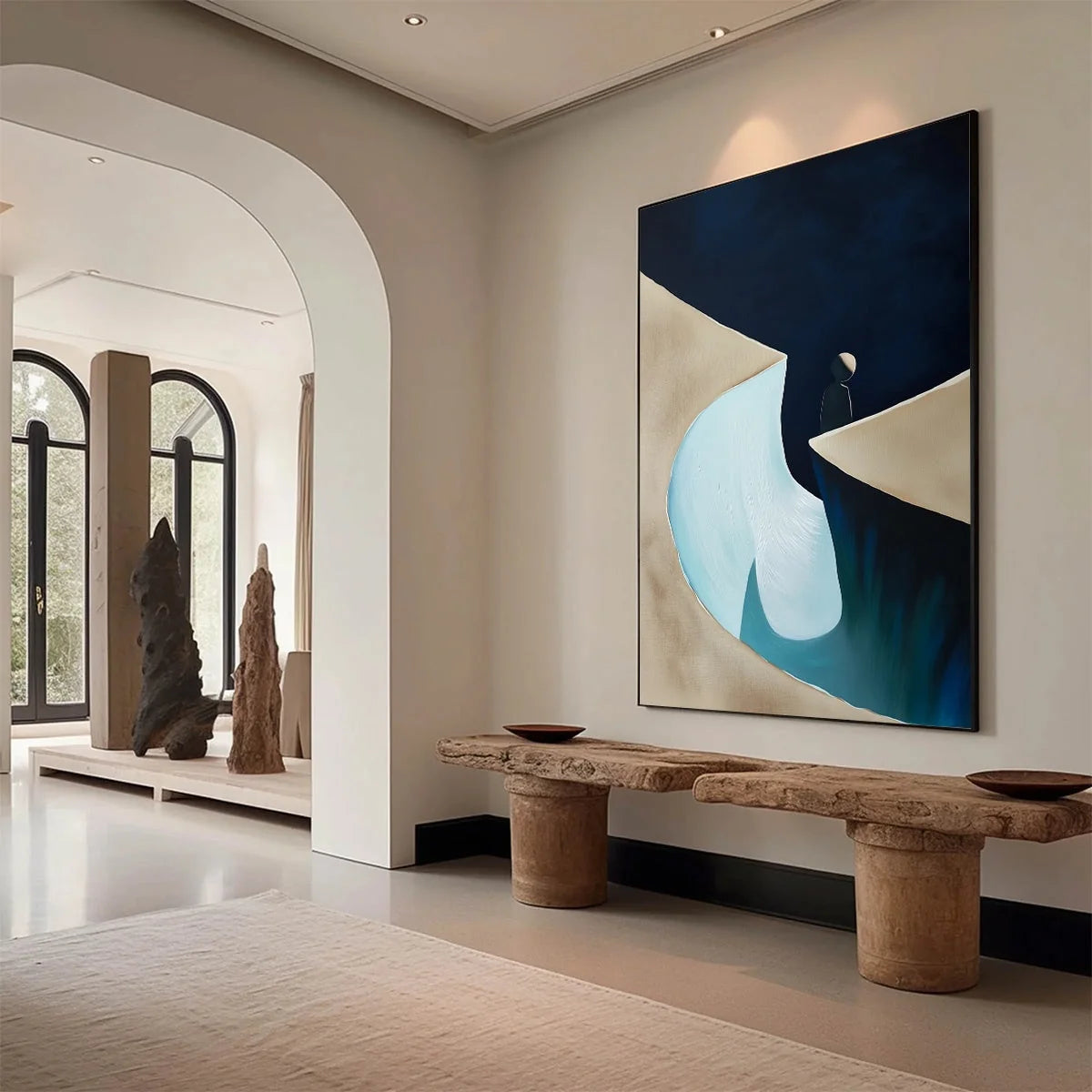 THE CROSSING: Minimalist Abstract Painting of a Figure's Journey | Minimalist mood, soft natural light studio shot