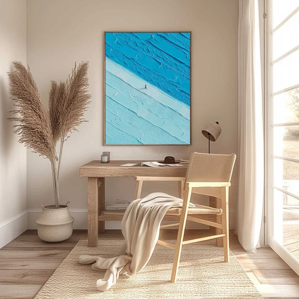 THE CROSSING: Textured Minimalist Abstract Seascape Painting | gold frame stretched on neutral wall