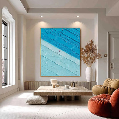 THE CROSSING: Textured Minimalist Abstract Seascape Painting | black frame version on white wall