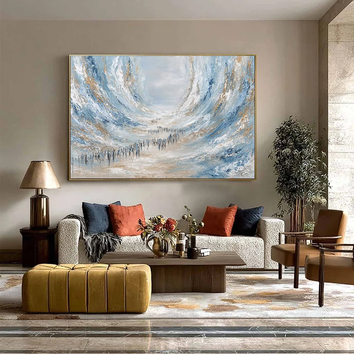 THE EXODUS: Large Abstract Figurative Textured Wall Art | gold frame stretched on neutral wall