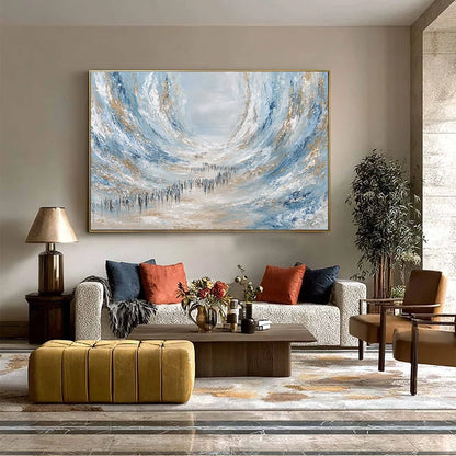 THE EXODUS: Large Abstract Figurative Textured Wall Art | gold frame stretched on neutral wall