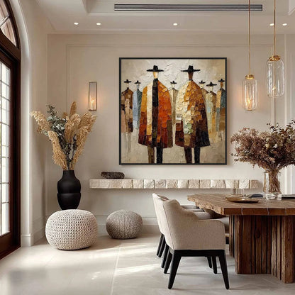 THE FELLOWSHIP: Heavy Texture Palette Knife Painting of Figures | gold frame stretched on neutral wall