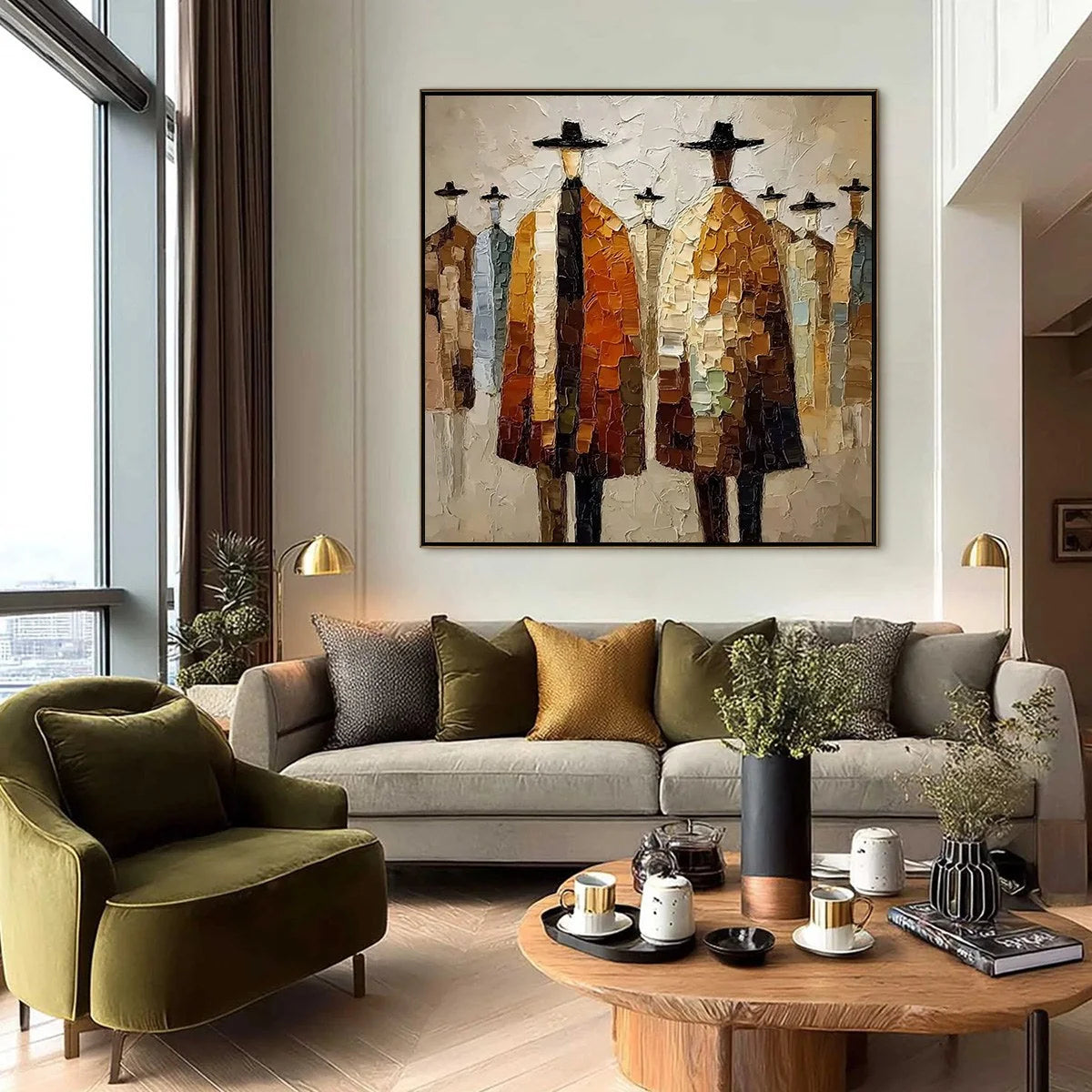 THE FELLOWSHIP: Heavy Texture Palette Knife Painting of Figures | black frame version on white wall