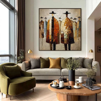 THE FELLOWSHIP: Heavy Texture Palette Knife Painting of Figures | black frame version on white wall