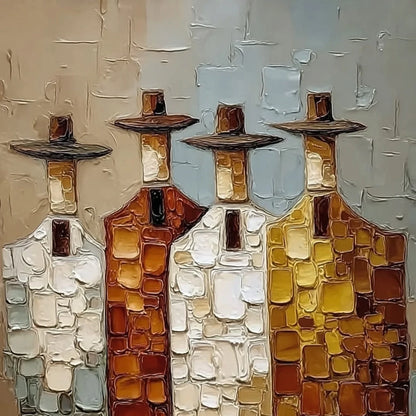 THE FELLOWSHIP: Textured Abstract Figurative Painting of Four Men | rectangular format, hand-painted canvas edge