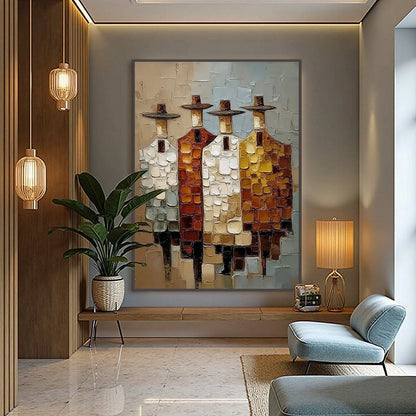 THE FELLOWSHIP: Textured Abstract Figurative Painting of Four Men | gold frame stretched on neutral wall