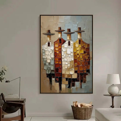 THE FELLOWSHIP: Textured Abstract Figurative Painting of Four Men | black frame version on white wall