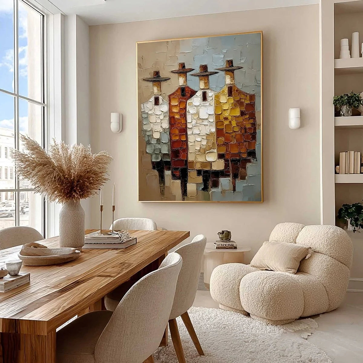 THE FELLOWSHIP: Textured Abstract Figurative Painting of Four Men | Figurative mood, soft natural light studio shot