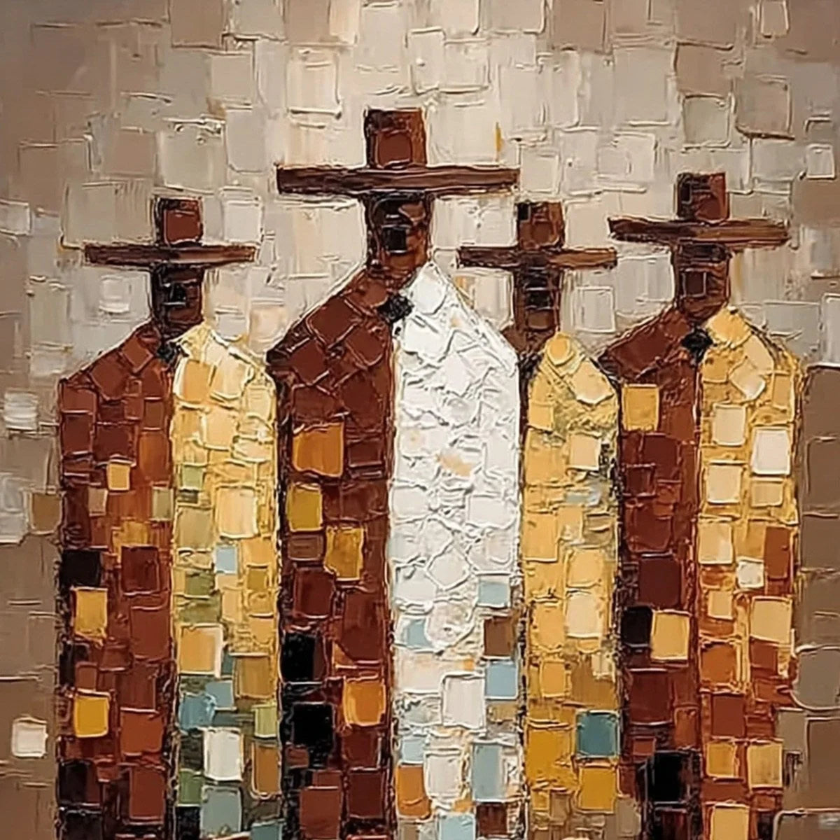 THE FELLOWSHIP: Textured Impasto Figurative Palette Knife Painting | rectangular format, hand-painted canvas edge