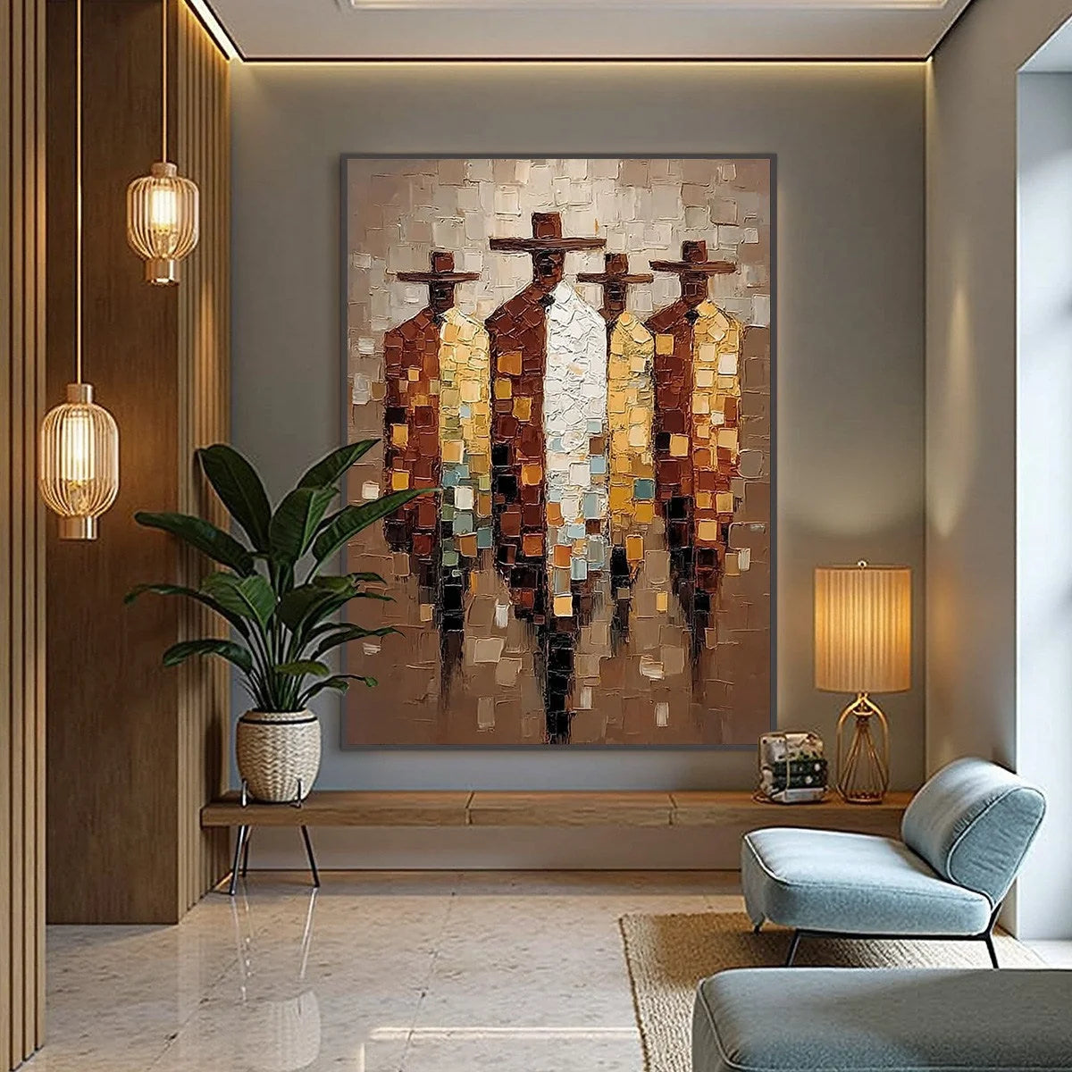 THE FELLOWSHIP: Textured Impasto Figurative Palette Knife Painting | gold frame stretched on neutral wall
