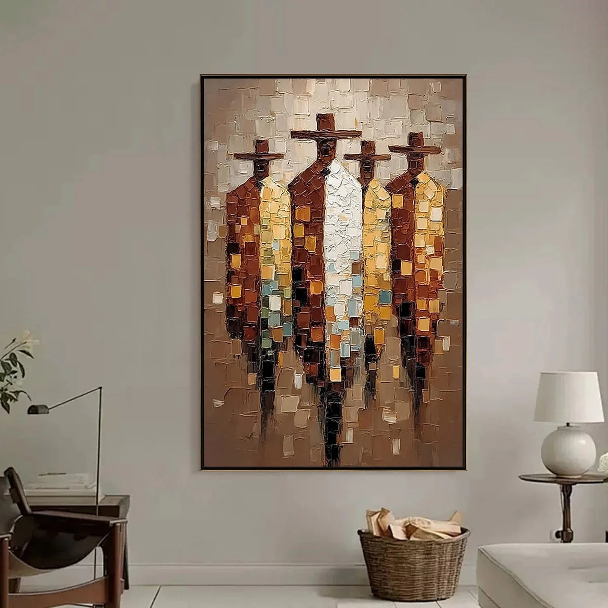 THE FELLOWSHIP: Textured Impasto Figurative Palette Knife Painting | black frame version on white wall