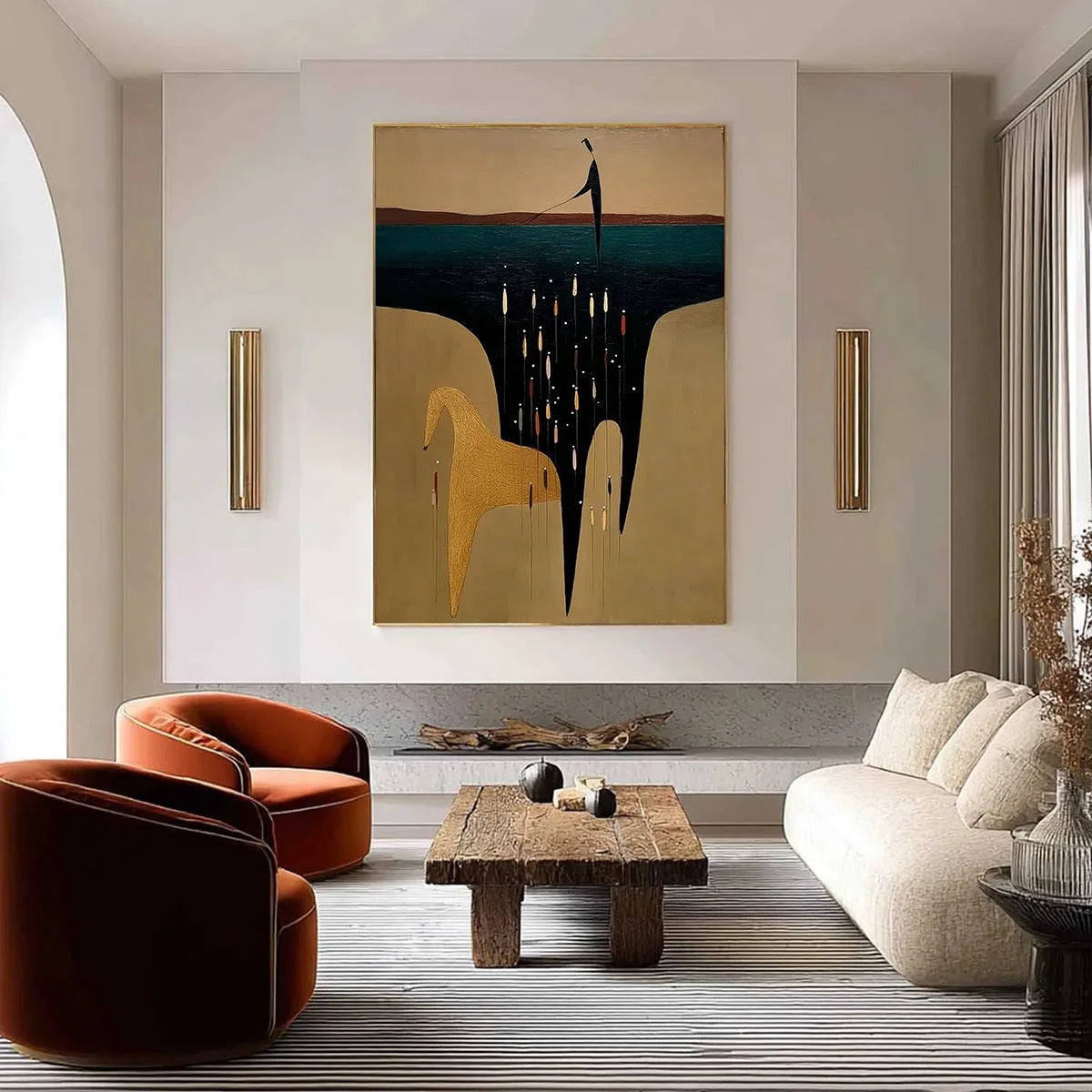 THE FERRYMAN'S PASSAGE: Vertical Abstract Figurative Wall Art | gold frame stretched on neutral wall