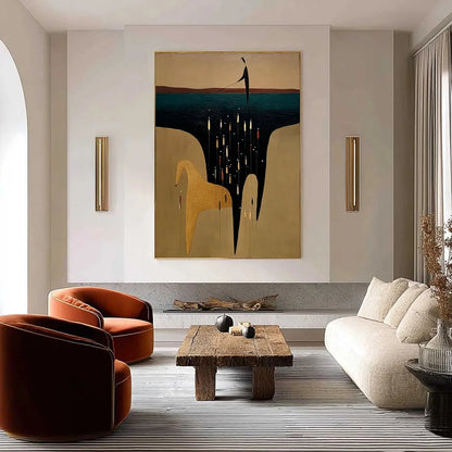 THE FERRYMAN'S PASSAGE: Vertical Abstract Figurative Wall Art | gold frame stretched on neutral wall