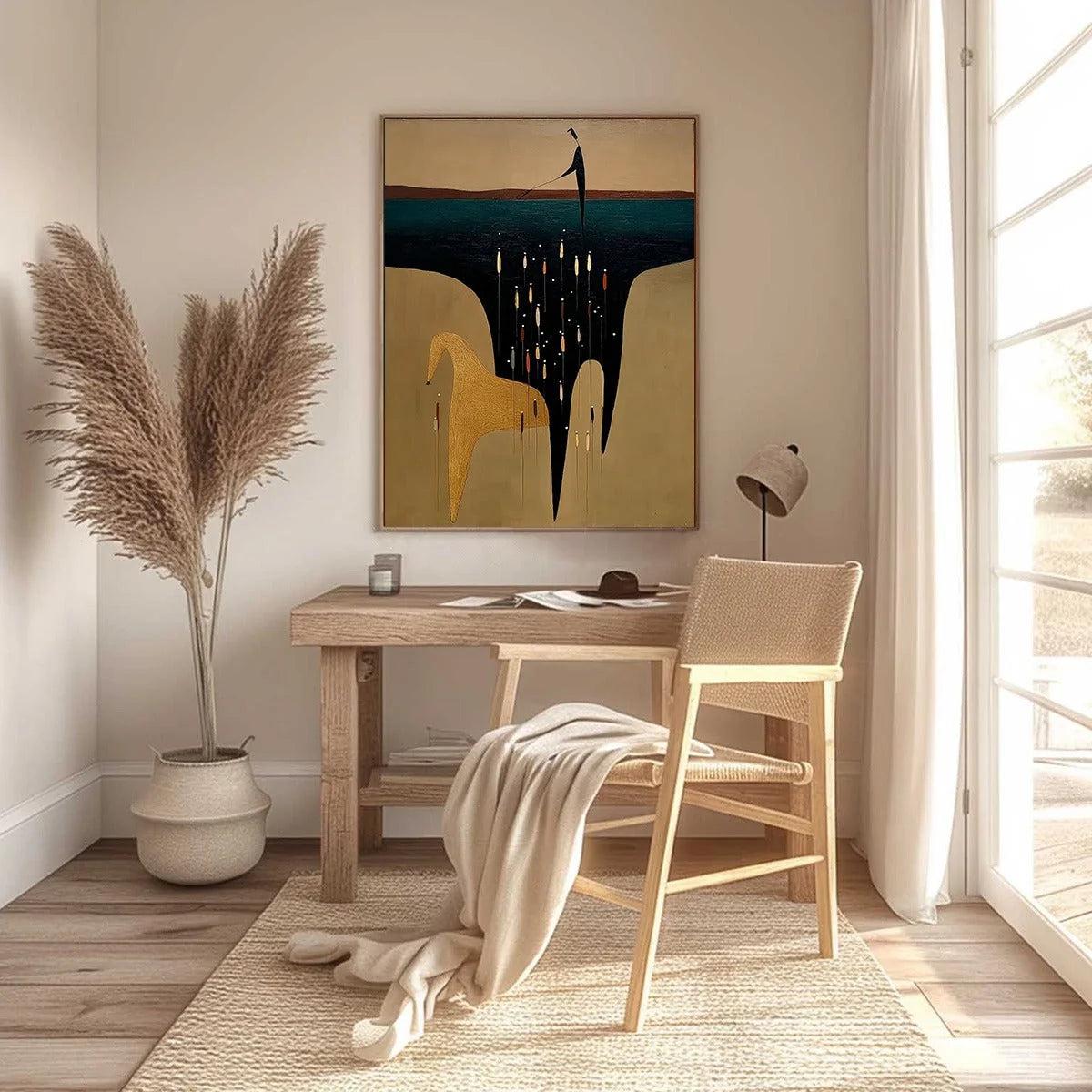 THE FERRYMAN'S PASSAGE: Vertical Abstract Figurative Wall Art | black frame version on white wall