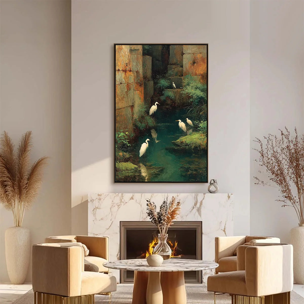 THE FORGOTTEN OASIS: Vertical Egret Painting of Birds in a Serene Natural Sanctuary | Figurative closeup, raised brushwork detail