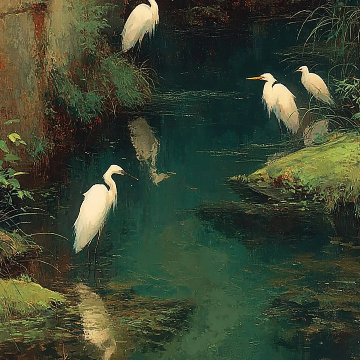 THE FORGOTTEN OASIS: Vertical Egret Painting of Birds in a Serene Natural Sanctuary | rectangular format, hand-painted canvas edge