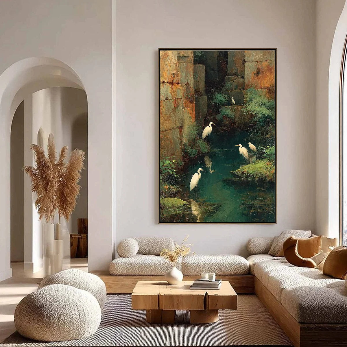 THE FORGOTTEN OASIS: Vertical Egret Painting of Birds in a Serene Natural Sanctuary | gold frame stretched on neutral wall
