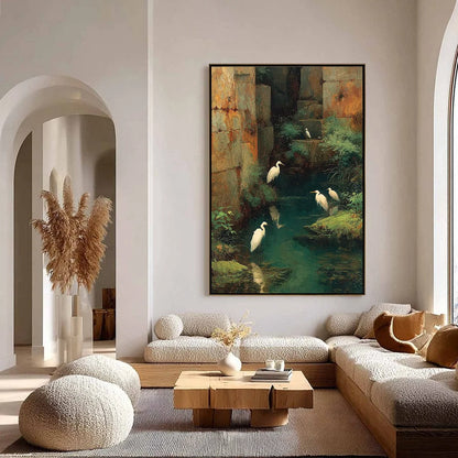 THE FORGOTTEN OASIS: Vertical Egret Painting of Birds in a Serene Natural Sanctuary | gold frame stretched on neutral wall