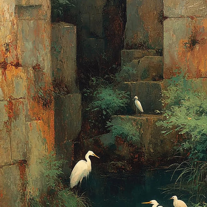 THE FORGOTTEN OASIS: Vertical Egret Painting of Birds in a Serene Natural Sanctuary | rolled canvas, ready for custom framing