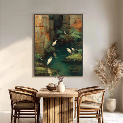 THE FORGOTTEN OASIS: Vertical Egret Painting of Birds in a Serene Natural Sanctuary | black frame version on white wall