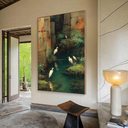 THE FORGOTTEN OASIS: Vertical Egret Painting of Birds in a Serene Natural Sanctuary | Figurative mood, soft natural light studio shot