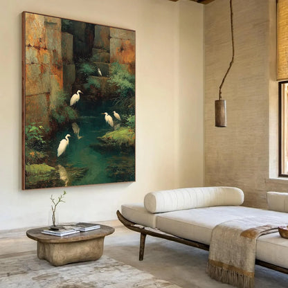 THE FORGOTTEN OASIS: Vertical Egret Painting of Birds in a Serene Natural Sanctuary | multi-color palette, original oil on stretched canvas art